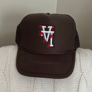 Brown Trucker Hat with Red and White LA Logo